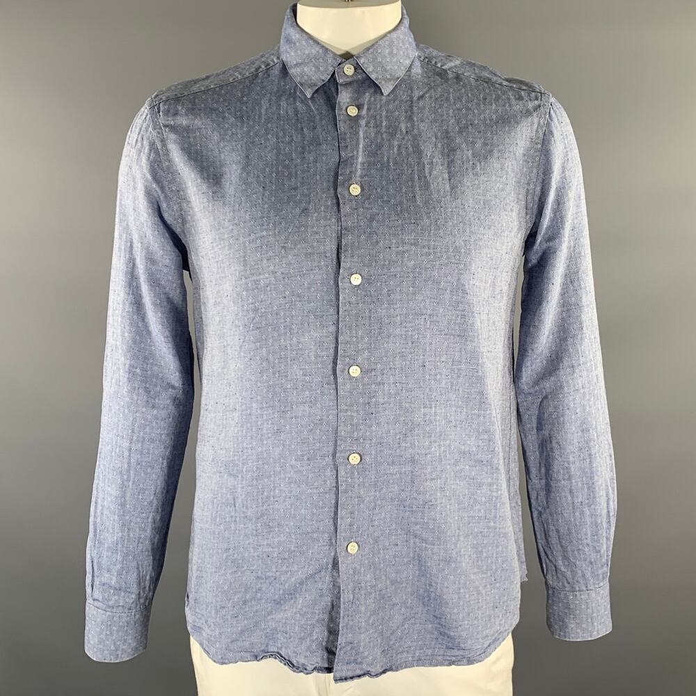 BARENA Size XL Blue White Geometric Cotton Long Sleeve Shirt